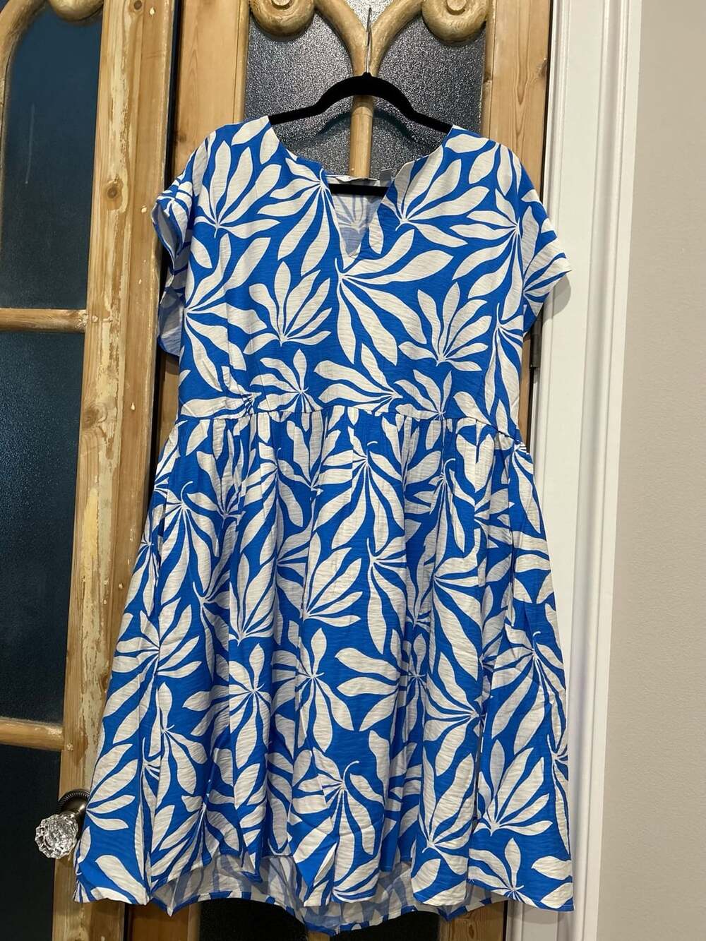 B.Young Palms Flutter Sleeve Midi Dress Size EU46 US 16-18 Blue White Leaf Print